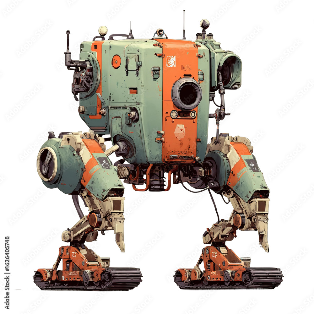 Fototapeta premium bulky trapezoid robot with tank treads isolated