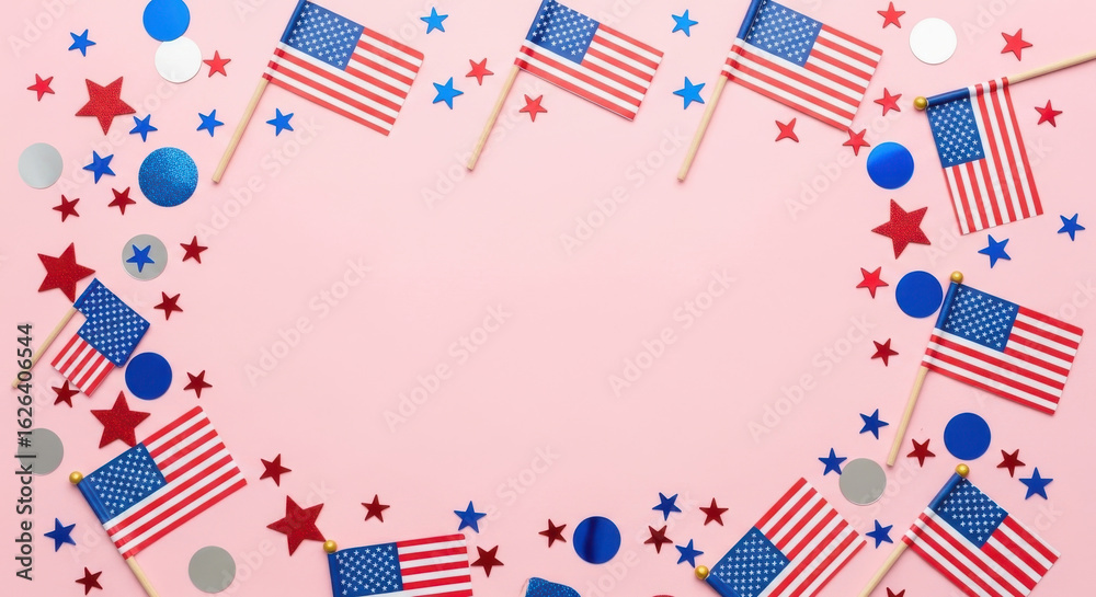 Fototapeta premium Festive frame of american flags confetti stars and blue balls on a soft pink background