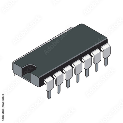 Isometric analog IC chip vector, DIP component with metallic pins. Perfect for electronics, engineering diagrams, circuit designs, hardware illustrations, or tech visuals.