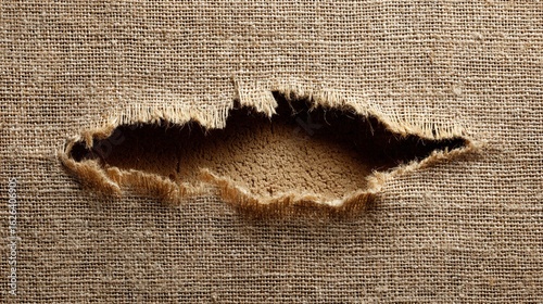 A close up of a torn burlap sack showing the texture of the fabric and the hole in the material