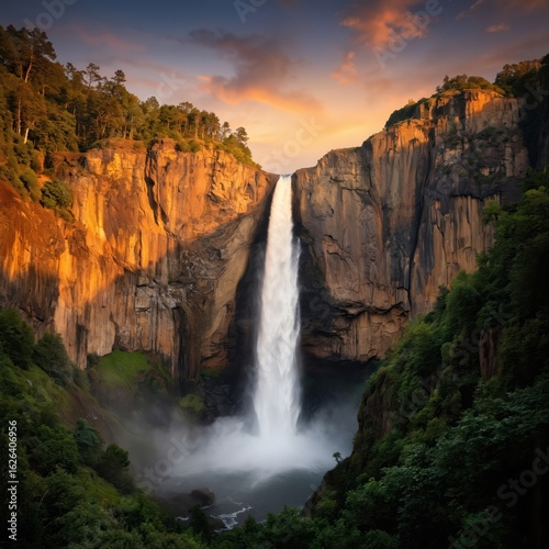 Waterfall cascades down cliff in verdant valley. Misty spray rises from powerful force of water. Vegetation surrounds valley, contrasting with brown cliff. Orange pink hues of sunset sky complete