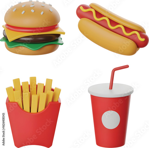 Fast food 3D icon set hamburger, hot dog, french fries, soda cup.