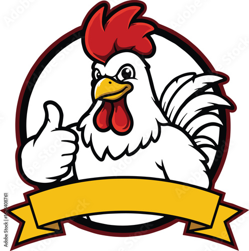 Cartoon chicken mascot showing thumbs up, blank yellow ribbon banner, logo design for poultry farm, restaurant, food branding, sticker use