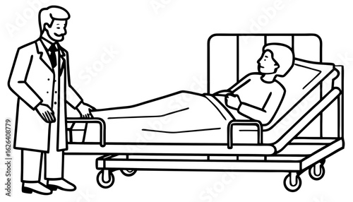 Doctor visit a patient lying in a intensive care hospital bed. Health worker examine patients health in clinic. Hospitalization concept. Vector illustration.       