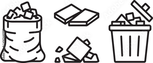 Construction Waste Outline Icons Set – Rubble Bag, Broken Tile, Waste Bin, and Drywall Debris