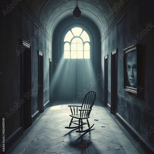 Eerie Hallway with Rocking Chair and Sunlight