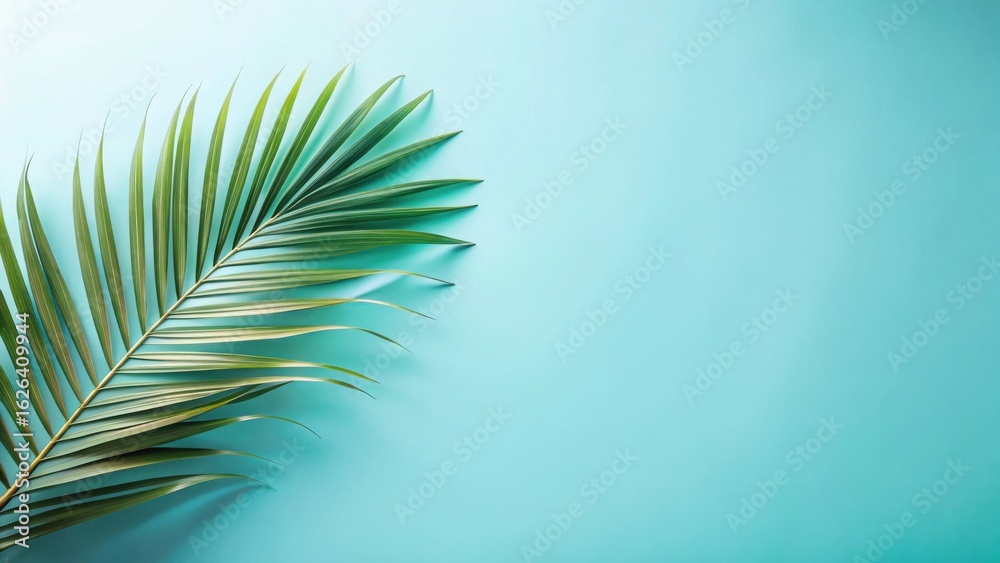 Fototapeta premium Serene Tropical Leaf on a Light Teal Background, Perfect for Summer Designs and Relaxation Themes