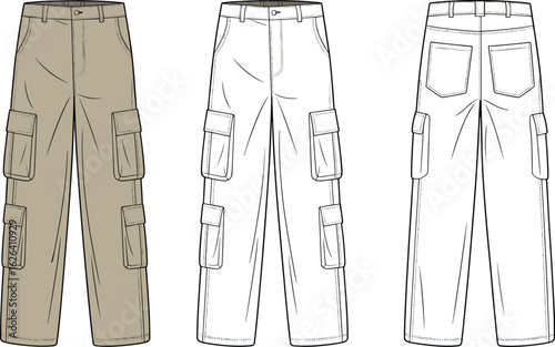 Detailed Flat Sketch of Multi-Pocket Cargo Pants with Back Patch Pockets, Modern Utility Workwear Trousers Fashion Design Vector
