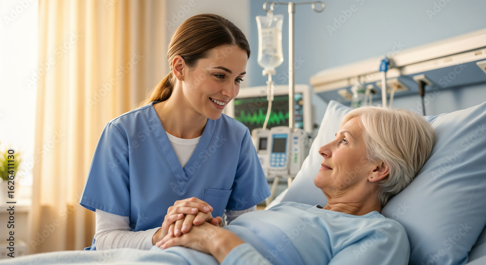 Obraz premium A nurse in a holding the hand of a patient in a hospital bed, symbolizing care, empathy, and support in a medical setting