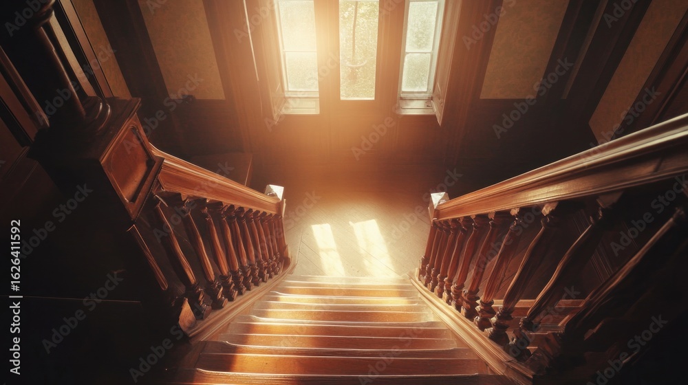 Obraz premium Sunlit Stairway: Ornate Wooden Railings and Radiant Light from Above Windows