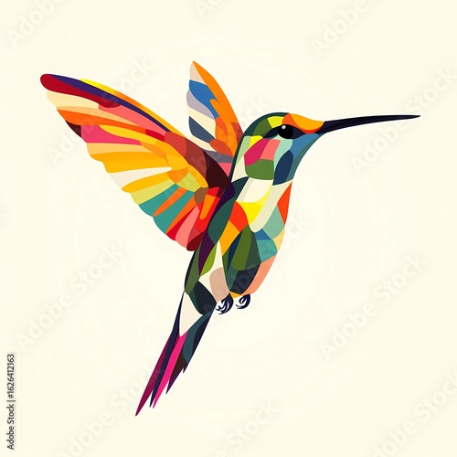 Vibrant hummingbird in flight, displaying colorful feathers against a light background