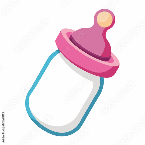 Cute cartoon baby bottle with pink nipple and blue trim on a white background