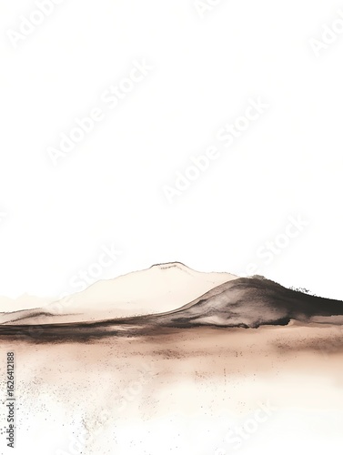 Mountains emerge from a soft, painted landscape in warm earth tones and white space Generative AI