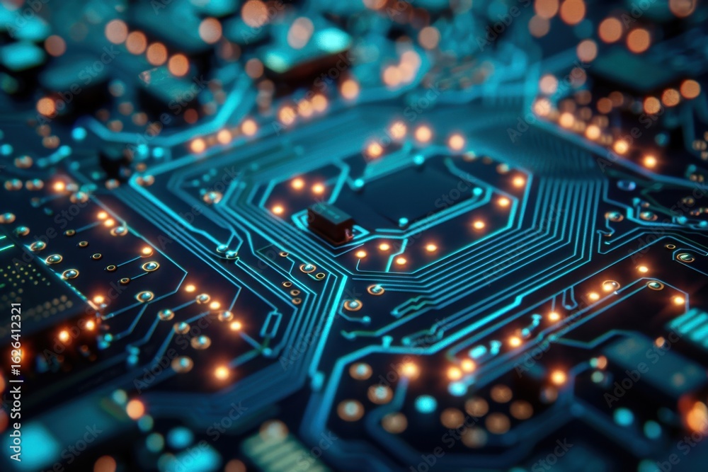 Obraz premium Close-Up View of Circuit Board with Bright Lights and Intricate Design
