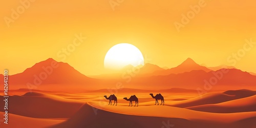 Camels trekking through desert at sunset against golden sky backdrop Generative AI