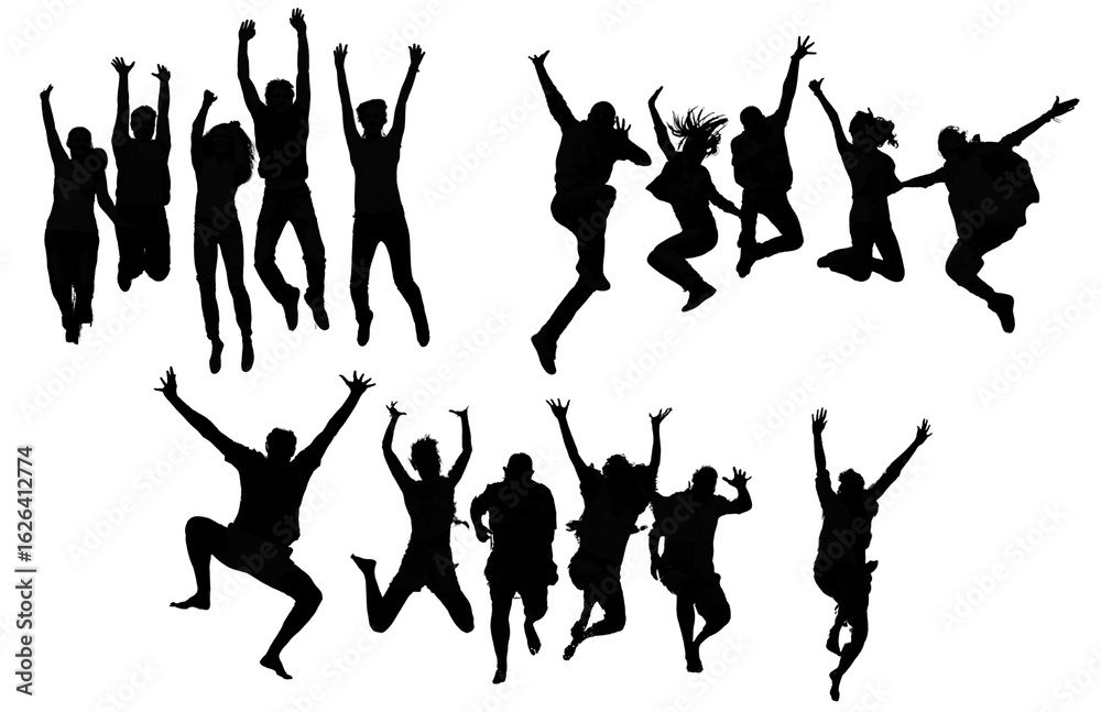 Group of People Jumping Silhouettes – Celebration, Fun, and Energetic Poses Group of People Jumping Silhouettes – Celebration, Fun, and Energetic Poses