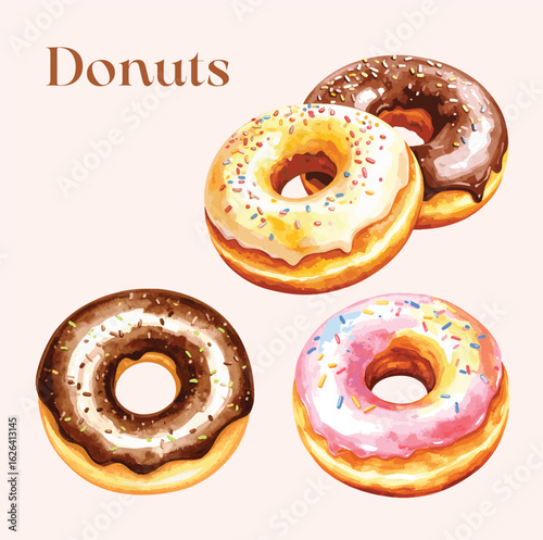 A vibrant watercolor illustration of four donuts with chocolate, vanilla, and pink frosting, topped with colorful sprinkles. Scalable, separated from the background. Isolated.