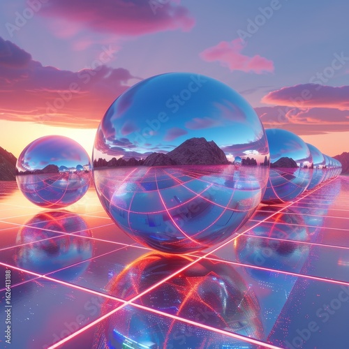 Futuristic Landscape with Reflective Spheres and Colorful Sky