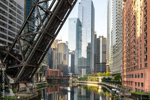 View of downtown chicago with raised bridge 