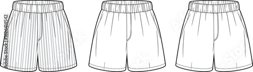 Technical Flat Sketch of Men’s Casual Elastic Waist Shorts with Pocket Details and Stripe Pattern for Modern Lifestyle Apparel Design