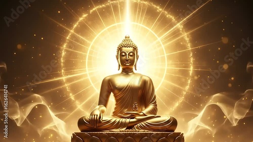 Golden Buddha statue in meditative pose with radiant halo.