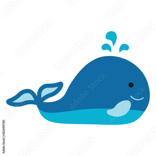 Cute Cartoon Blue Whale Spouting Water with Smiling Face