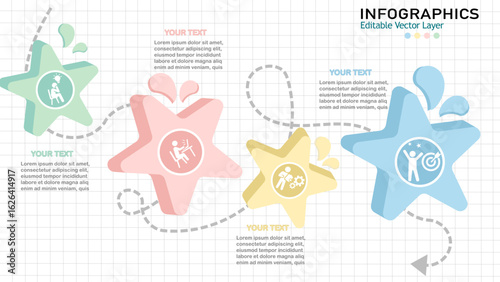 A creative infographic template with four star shapes connected by a dotted line, representing a step-by-step process or business workflow.