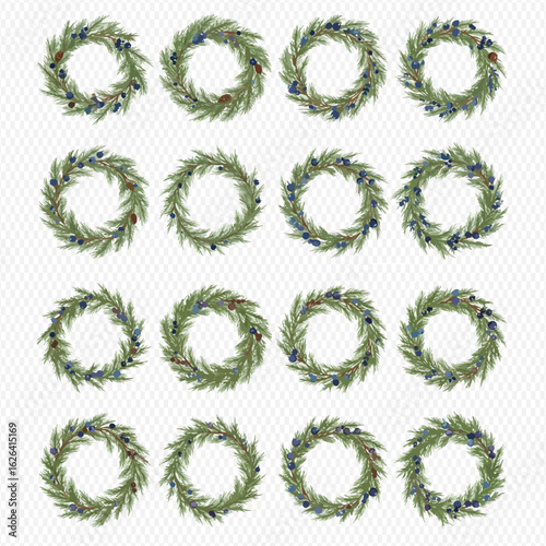 A collection of sixteen watercolor Christmas wreaths with pine branches, blue berries, and cones.