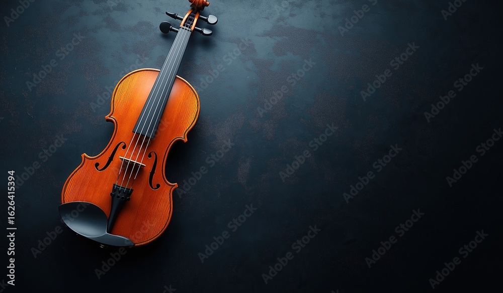 Fototapeta premium Cute violin on dark background with ample copy space for text or product placement, minimalist and elegant musical instrument concept