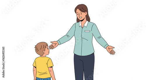 A smiling woman with open arms welcomes a young boy, creating a heartwarming illustration of support and encouragement against a clean white background.