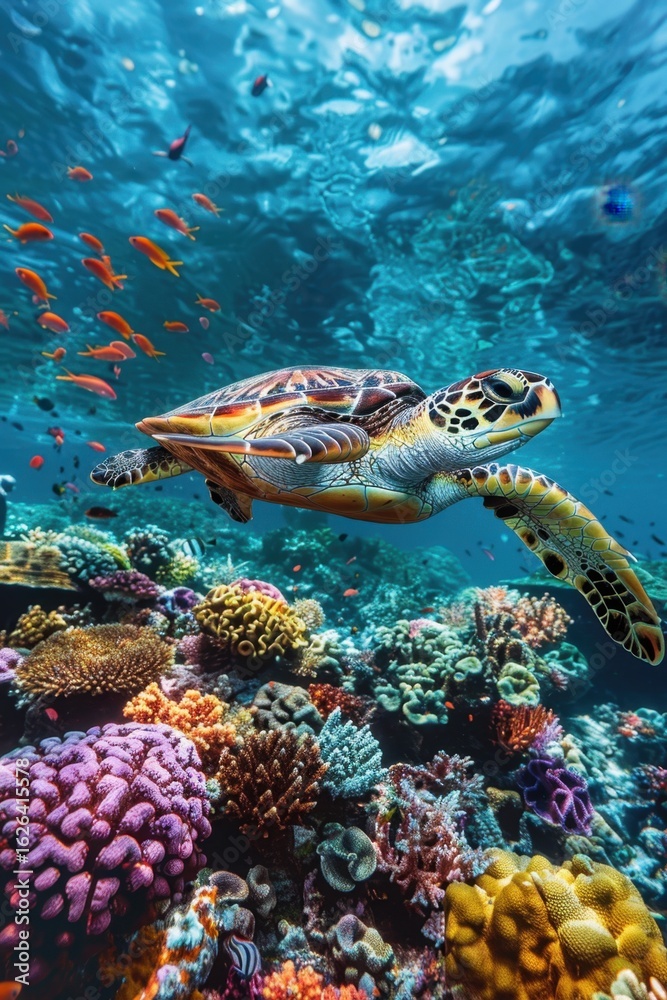 Fototapeta premium Majestic Sea Turtle Gliding Over Vibrant Coral Reef Ecosystem