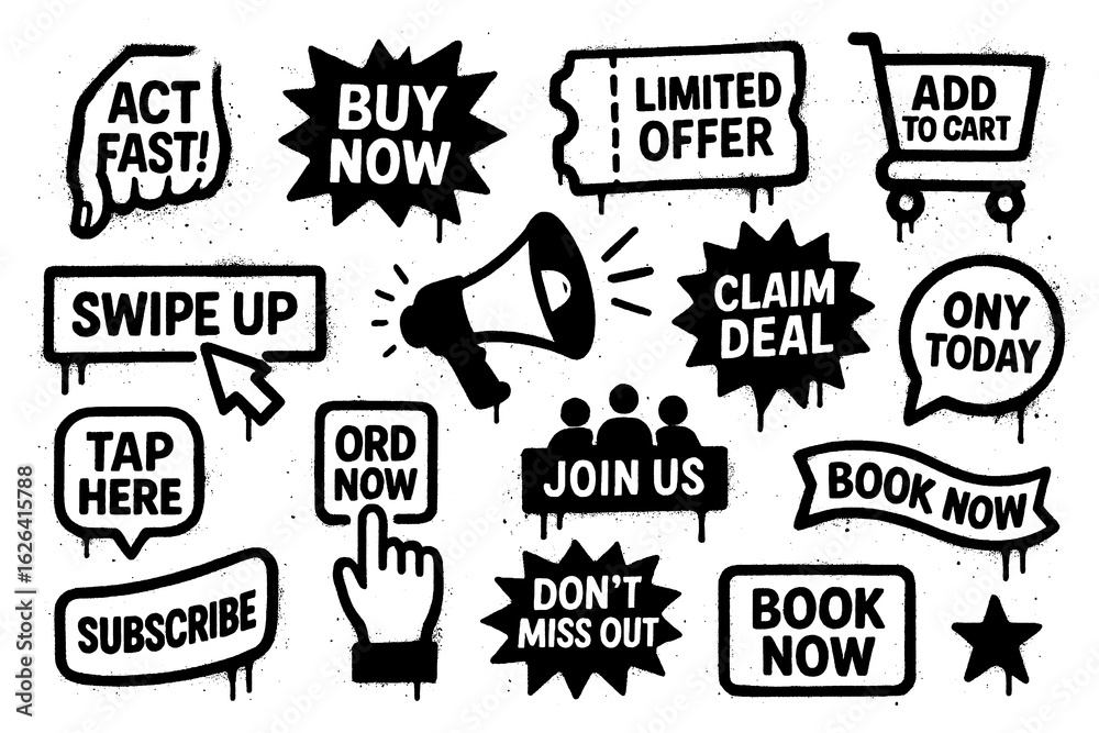 Fototapeta premium Call to action buttons in bold street art style with text like “Call Now” and “Buy Now”, Transparent Background