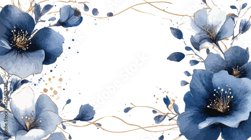 Elegant watercolor floral frame with delicate blue blossoms and golden accents on white background