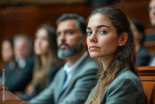 young woman in a legal setting, surrounded by colleagues or fellow jurors, ideal for illustrating serious civic responsibility or courtroom drama.