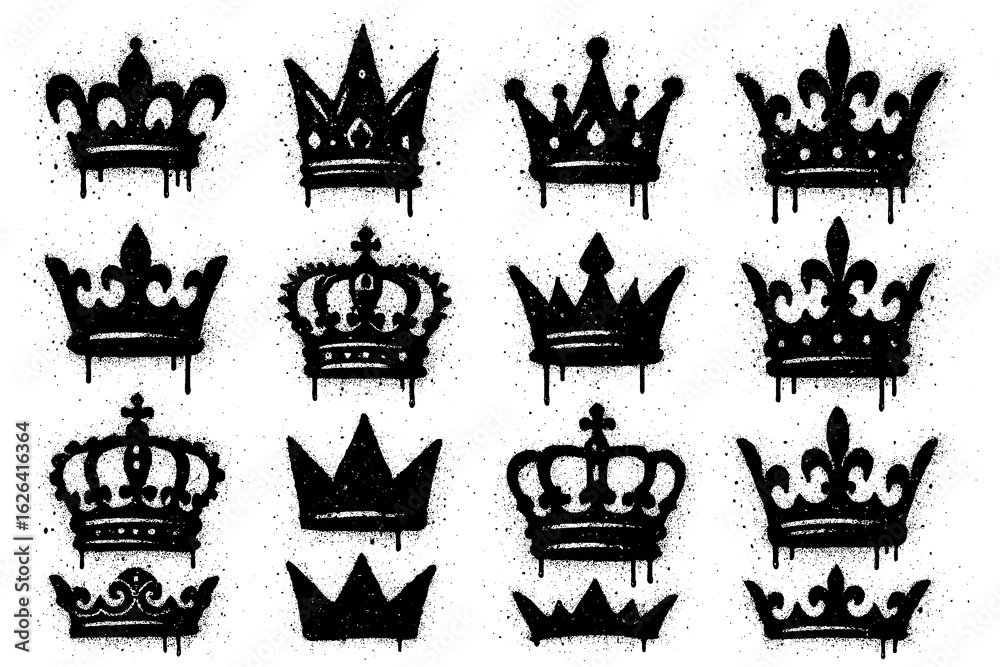 Obraz premium Royal crowns in bold graffiti stencil style with dripping paint, Transparent Background