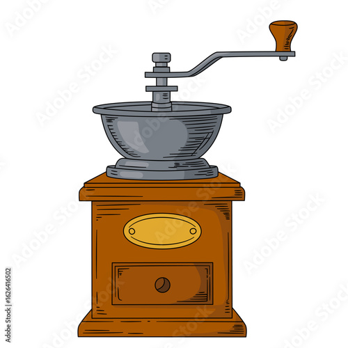 Coffee grinder, mill machine, manual grinding equipment, brown old-fashioned cafeteria equipment. Object for making drink on white background