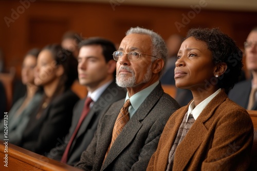 Citizens serving jury duty, focused on court proceedings, illustrating themes of legal responsibility, democracy, and public service in the judicial process.
