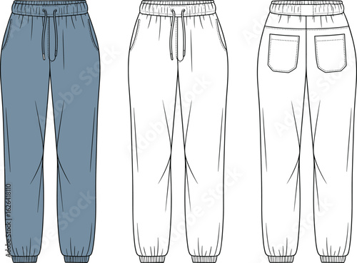 Vector Technical Drawing of Drawstring Jogger Pants with Elastic Cuffs and Dual Back Pockets for Fashion Design Templates