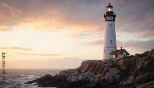 Wallpaper Mural Lighthouse stands tall on rocky cliff. White structure topped with red roof, ocean waves below. Rugged cliff, sunset sky with orange blue hues, calm sea Torontodigital.ca