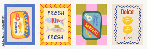 Food posters. Hand drawn kitchen frame banner. Creative wall art with lemon, fish, sardines can for cafe or restaurant menu. La dolce vita decor. Cartoon vector illustration creative set collection.	