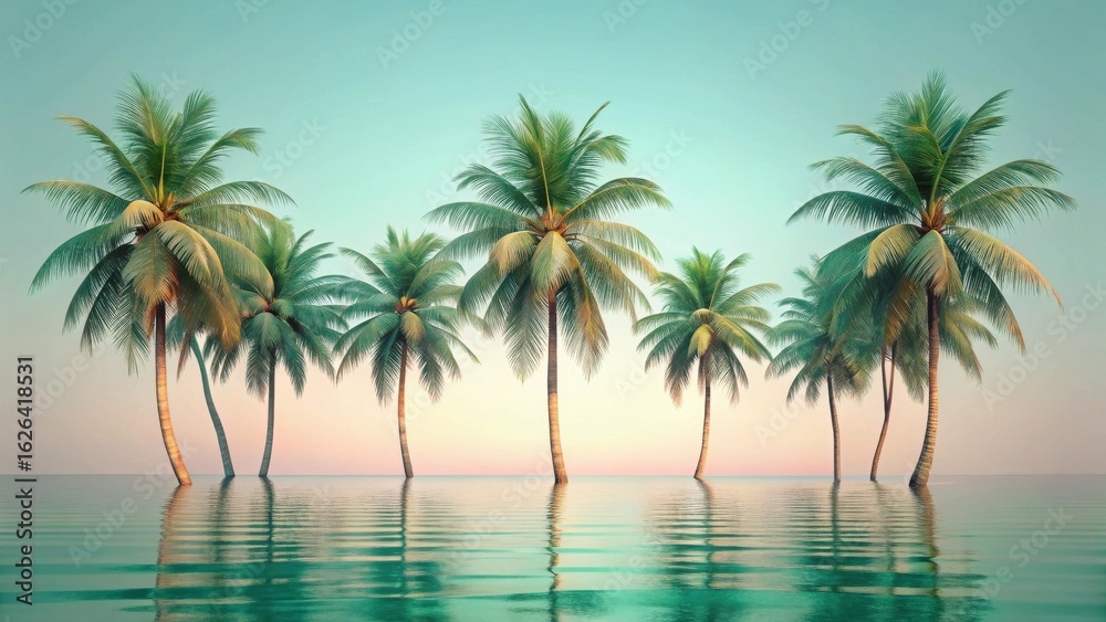 Obraz premium Serene Tropical Paradise Palm Trees Gently Swaying in Calm Ocean Waters at Sunset