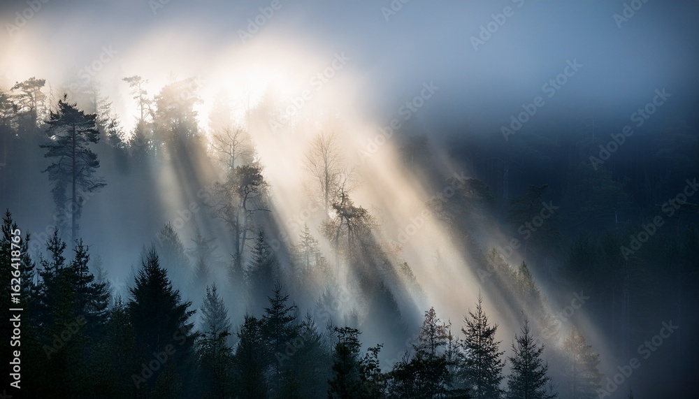 Fototapeta premium rays of light penetrating through the dark misty forest covered with fog cloudy foggy atmosphere