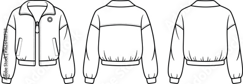 Women’s Cropped Bomber Jacket Flat Sketch with Ribbed Hem, Zipper Closure, Front Pockets, and Back Yoke Technical Drawing