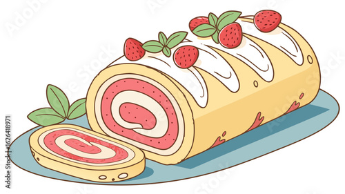  Strawberry swiss roll cake with cream and fresh strawberries vector illustration for bakery dessert
