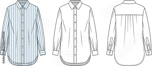 Women’s Long Sleeve Button Front Shirt Technical Flat Sketch with Back Pleats, Cuff Details, and Classic Collar Fashion Template