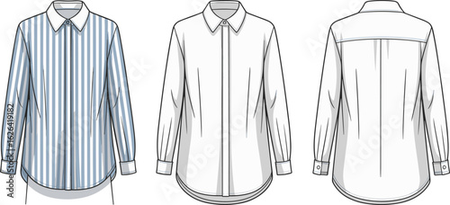 Women’s Long Sleeve Button Down Shirt Technical Flat Sketch Front and Back Views with Cuffs and Classic Collar Fashion Illustration