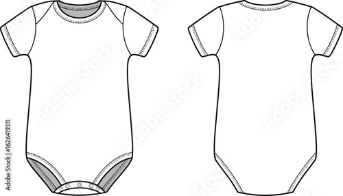 Baby bodysuit illustration, infant onesie flat design, short sleeve romper, front and back views, CAD drawing, vector fashion sketch, clothing template