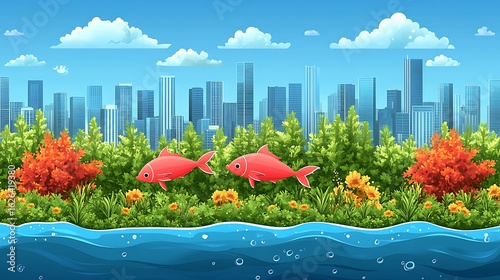 Lush cityscape landscape with fish.