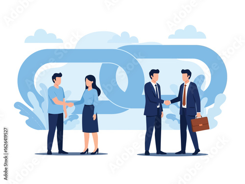 Two pairs of business professionals shaking hands, wearing formal attire, flat vector illustration, business agreement, partnership, collaboration, teamwork, successful deal.