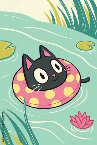 Cute black cat swimming in pool with floatie summer vector illustration for fun animal concept
